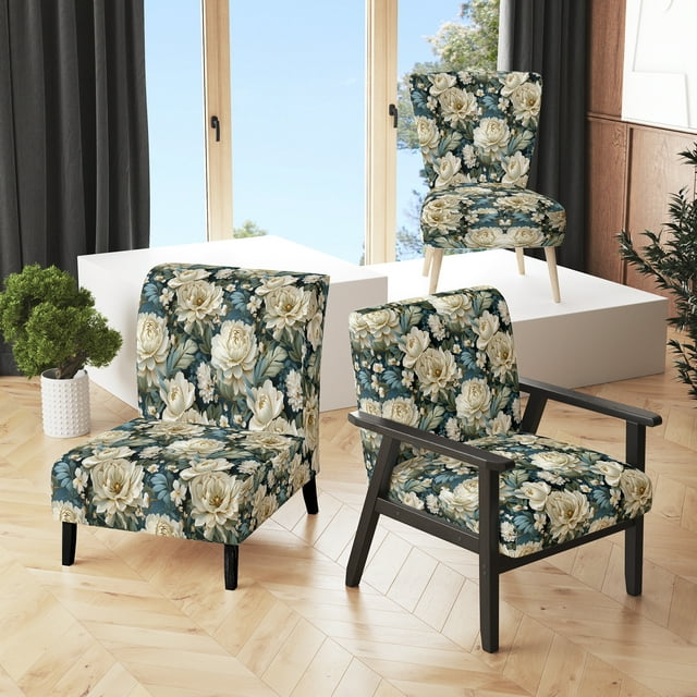 Designart "Earthy Green Damask Calm" Green Damask Upholstered Accent Chair - Cottage Arm Chair For Living Room