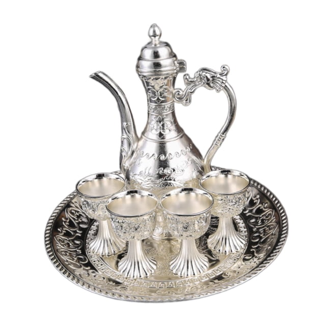 Olla de vinos de flaón de café, estilo de bebida versátil de estilo vintage tetera para la sala de estar para la sala de estar decoración de la mesa Plata con bandeja de taza