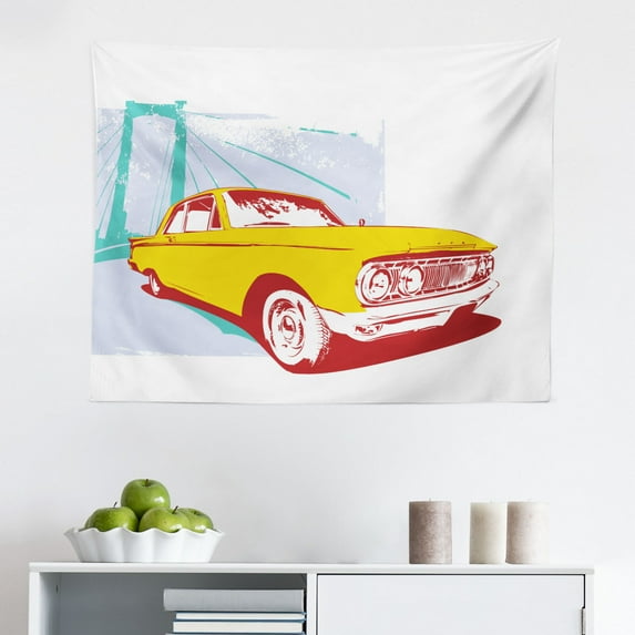 Vintage Car Tapestry, Vintage Car Image American of Liberty on Old Paper Print, Fabric Wall Hanging Decor for Bedroom Living Room Dorm, 2 Sizes, Yellow Red Brown, by Ambesonne