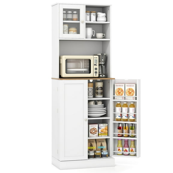 Gymax Kitchen Pantry Cabinet w/Microwave Shelf 8 Door Shelves & 5 Adjustable Shelves