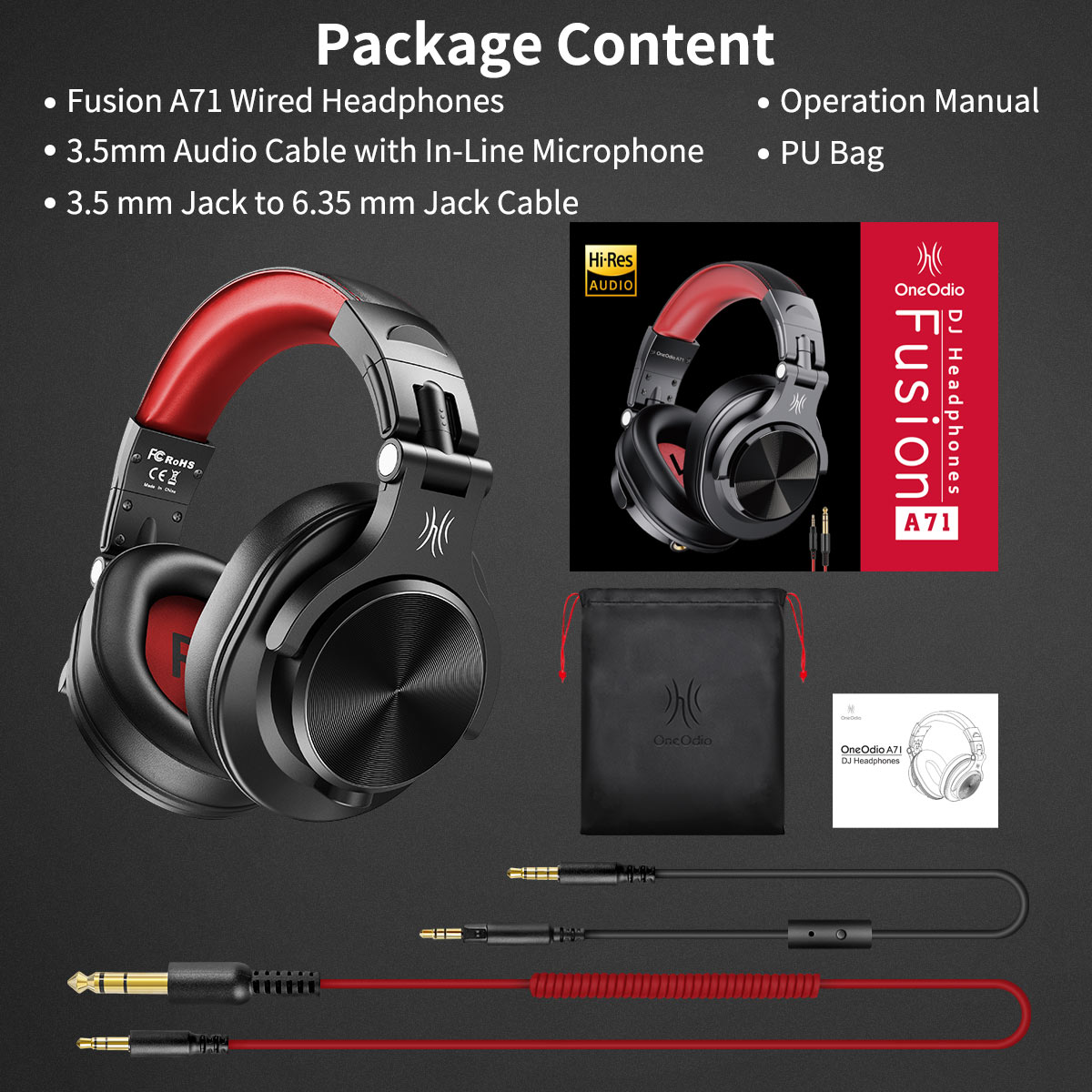 OneOdio A71 Over-Ear Headphones with Dual Plugs, Red photo 2