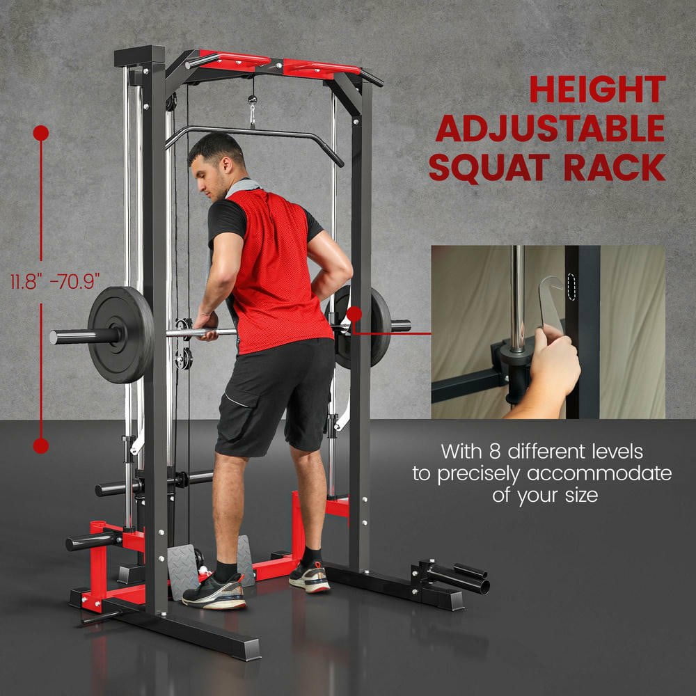 Resenkos Smith Machine Cage with Lat Pulldown and Landmine Attachment - Black/Red