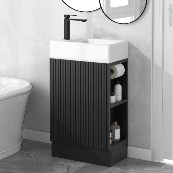 GDF Studio 18.6" Bathroom Vanity with Sink, MDF Cabinet with 2-Tier Shelf, Left/Right Orientation, Black