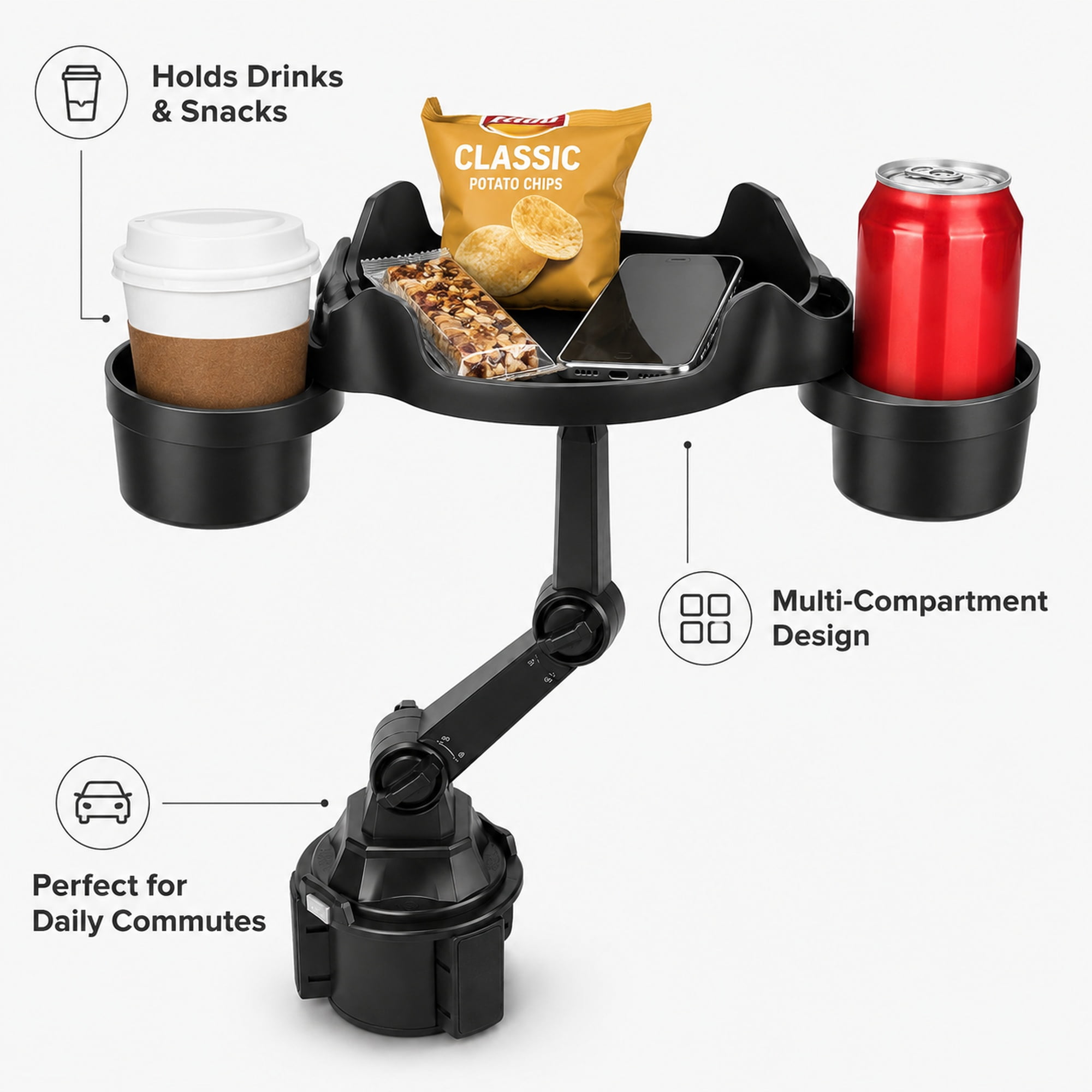 Black Adjustable Car Cup Holder Tray – Food and Drink Organizer with Dual Cup Holders, Snack Surface, and Swivel Arm