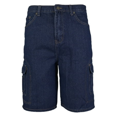 Men's Premium Cotton Multi Pocket Relaxed Fit Stonewash Denim Jean Cargo Shorts (Blue