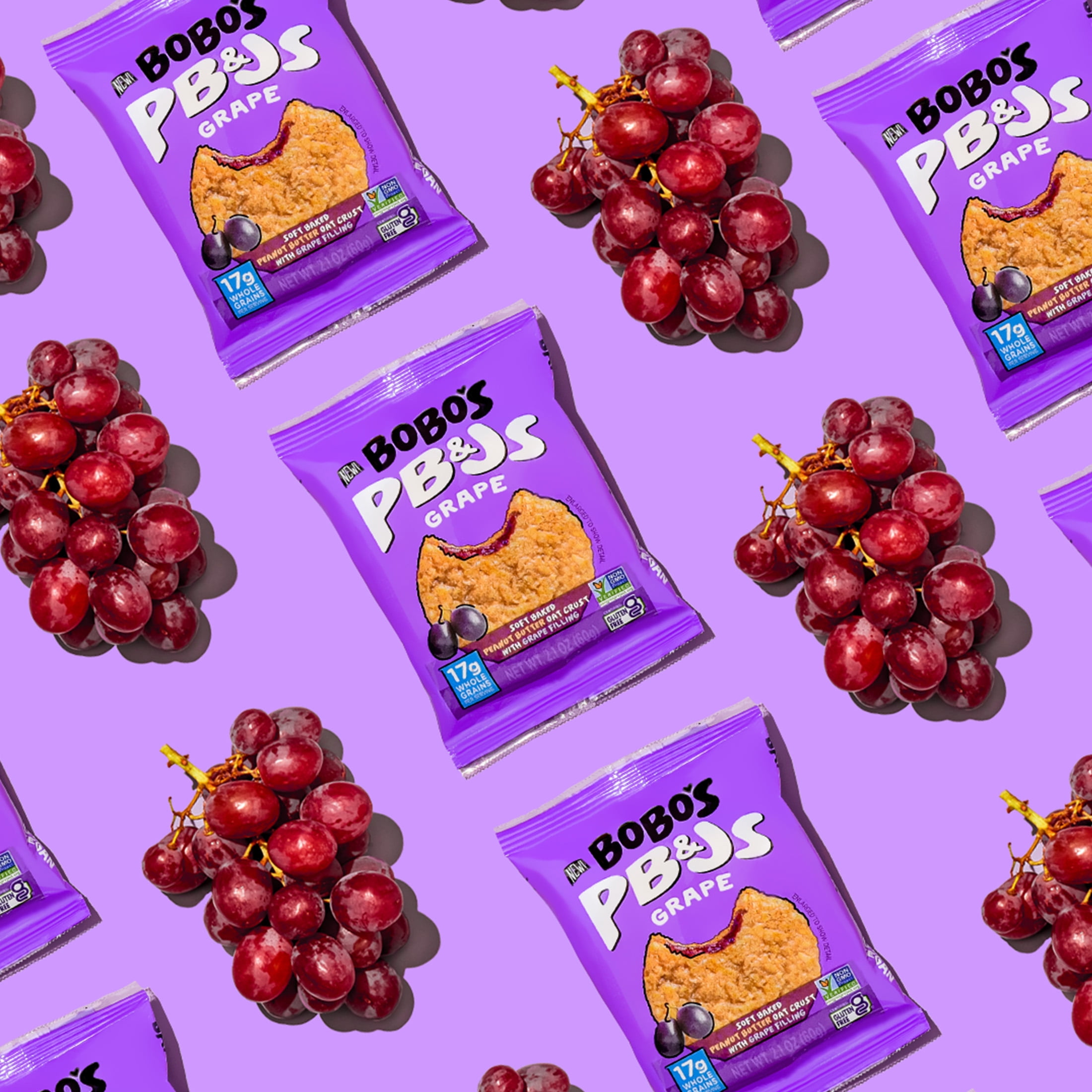 (6 pack) Bobo's PB&Js, Peanut Butter Oat Crust With Grape Filling, 5 Pack of 2.1oz oat snacks