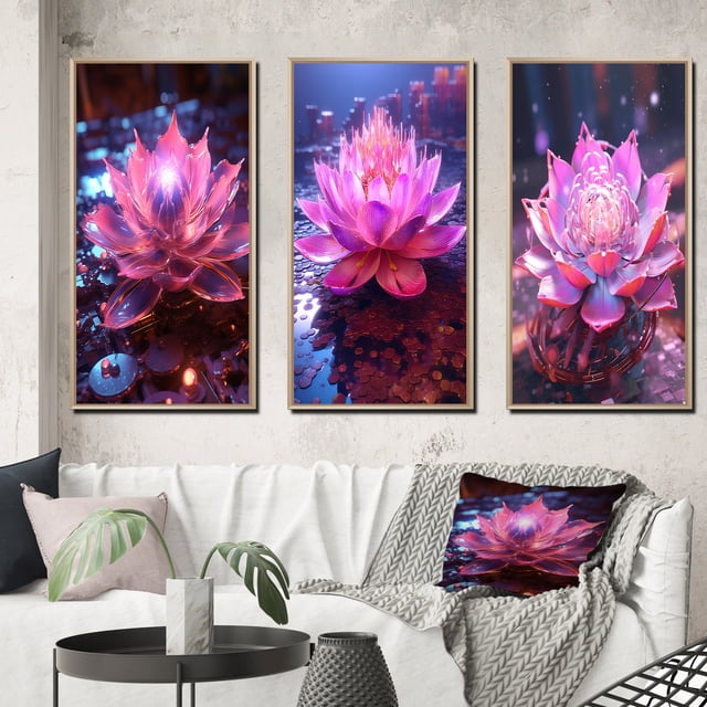 Designart "Radiant Pink Lotus Blossoming II" Lotus Framed Wall Art Set Of 3 - Pink Modern Frame Gallery Set For Office Decor