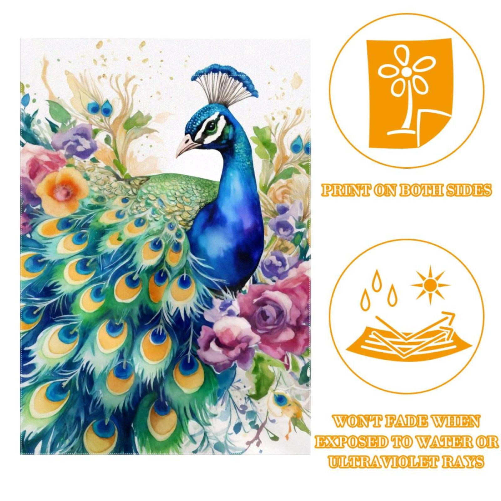 Watercolor Peacock with Flowers Double Sided Garden Flag Decorative Weather Resistant Yard Flag, Large DIY Vertical Flag for Farmhouse Patio Lawn, 28x40 Inch