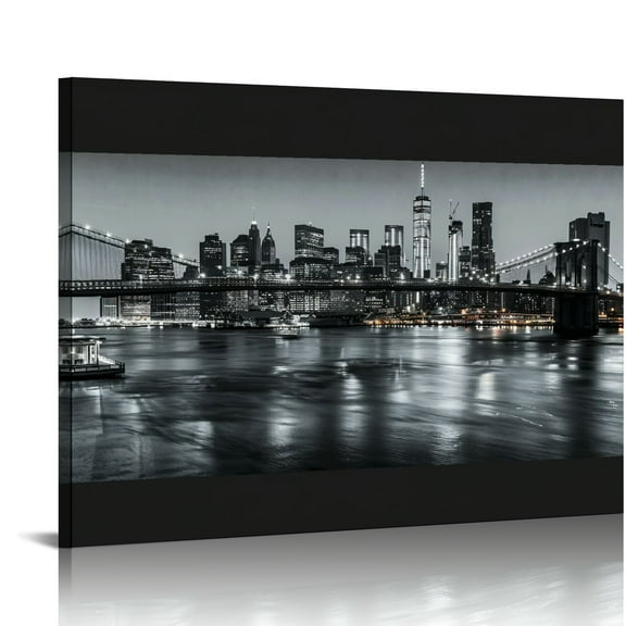 ARISTURING  - Black and White Brooklyn Bridge Canvas Wall Art New York City Picture Print Manhattan Night Skyline Painting on Canvas Modern Home Office Wall Decoration 20x16in