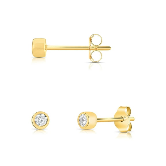 14k Solid Gold Round Tiny Studs With Solitaire Small 2mm Cubic Zirconia Bezel Setting Earrings for Women