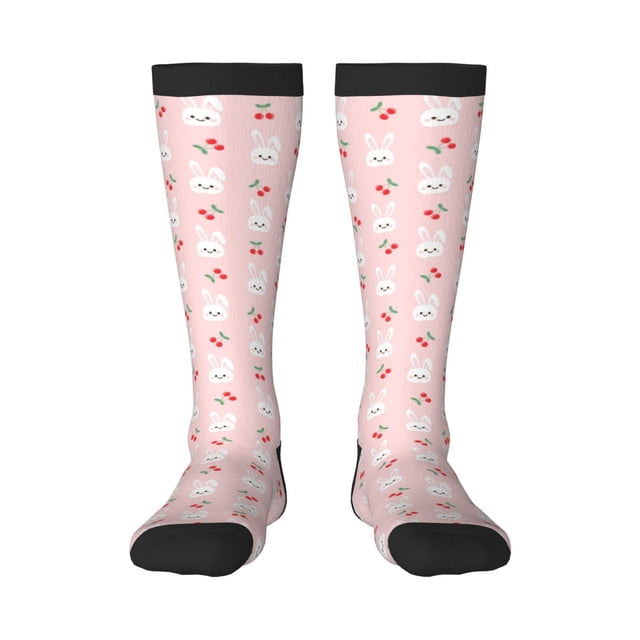 Fotbe Rabbit And Cherry Calcetas Divertidas Estampadas para Hombre y Mujer, Calcetas de Algodón hasta la Rodilla para Caminar, Correr, Enfermería y Embarazo
