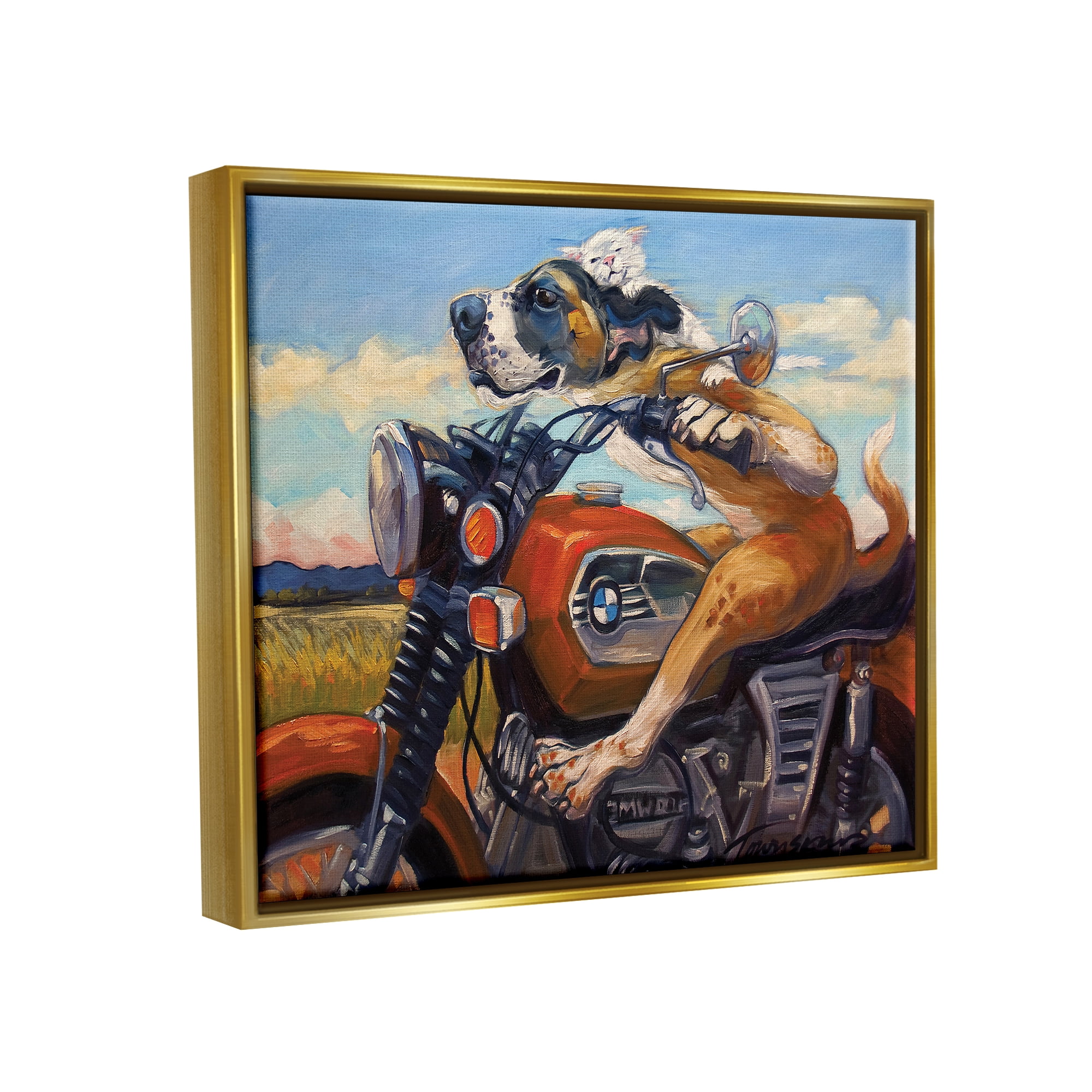 Stupell Industries Dog And Cat on a Red Motorcycle Road Trip Painting Metallic Gold Framed Floating Canvas Wall Art, 16x20, by Tai Prints