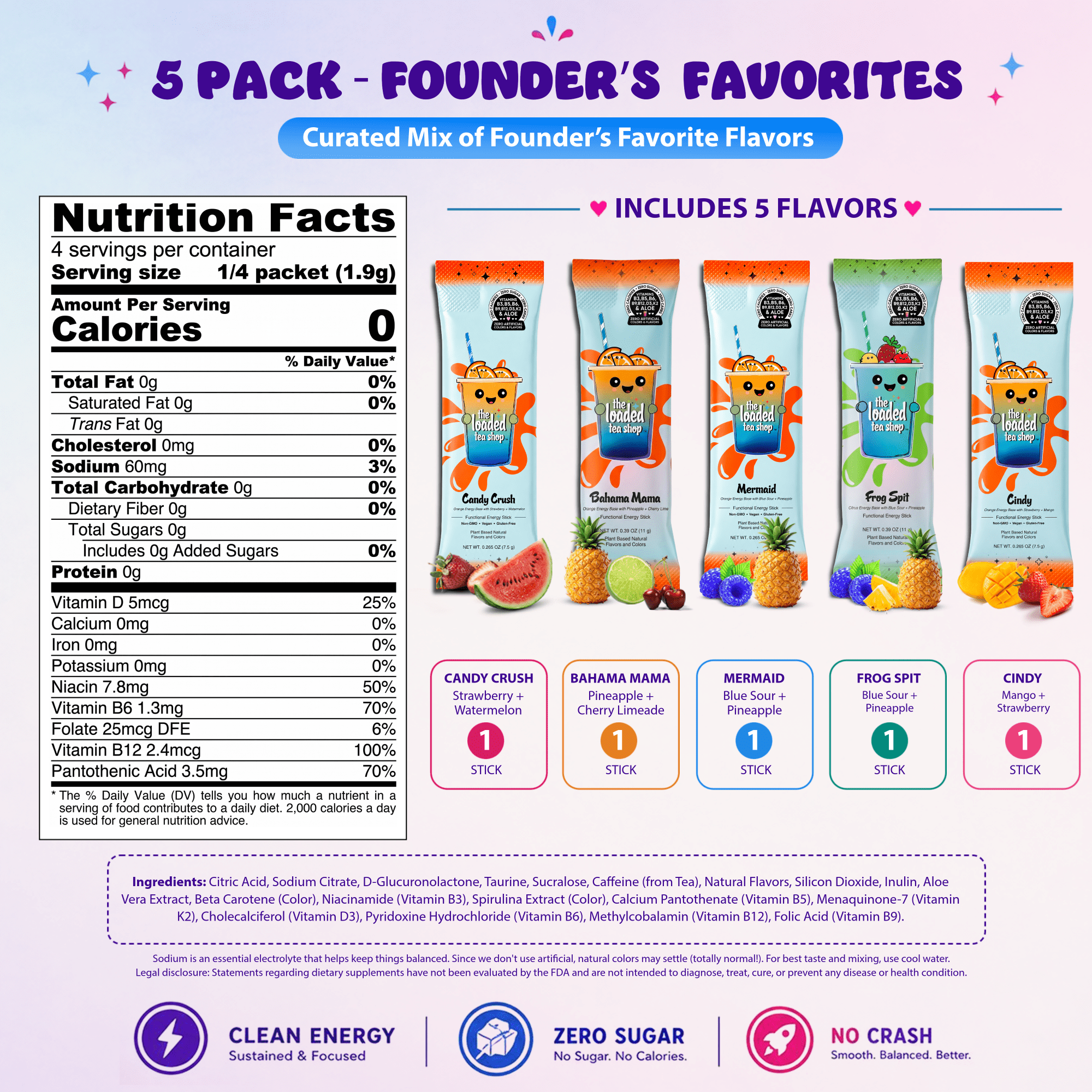 The Loaded Tea Shop Founders Favorites Energy Drink Mix Sticks, 5 Pack