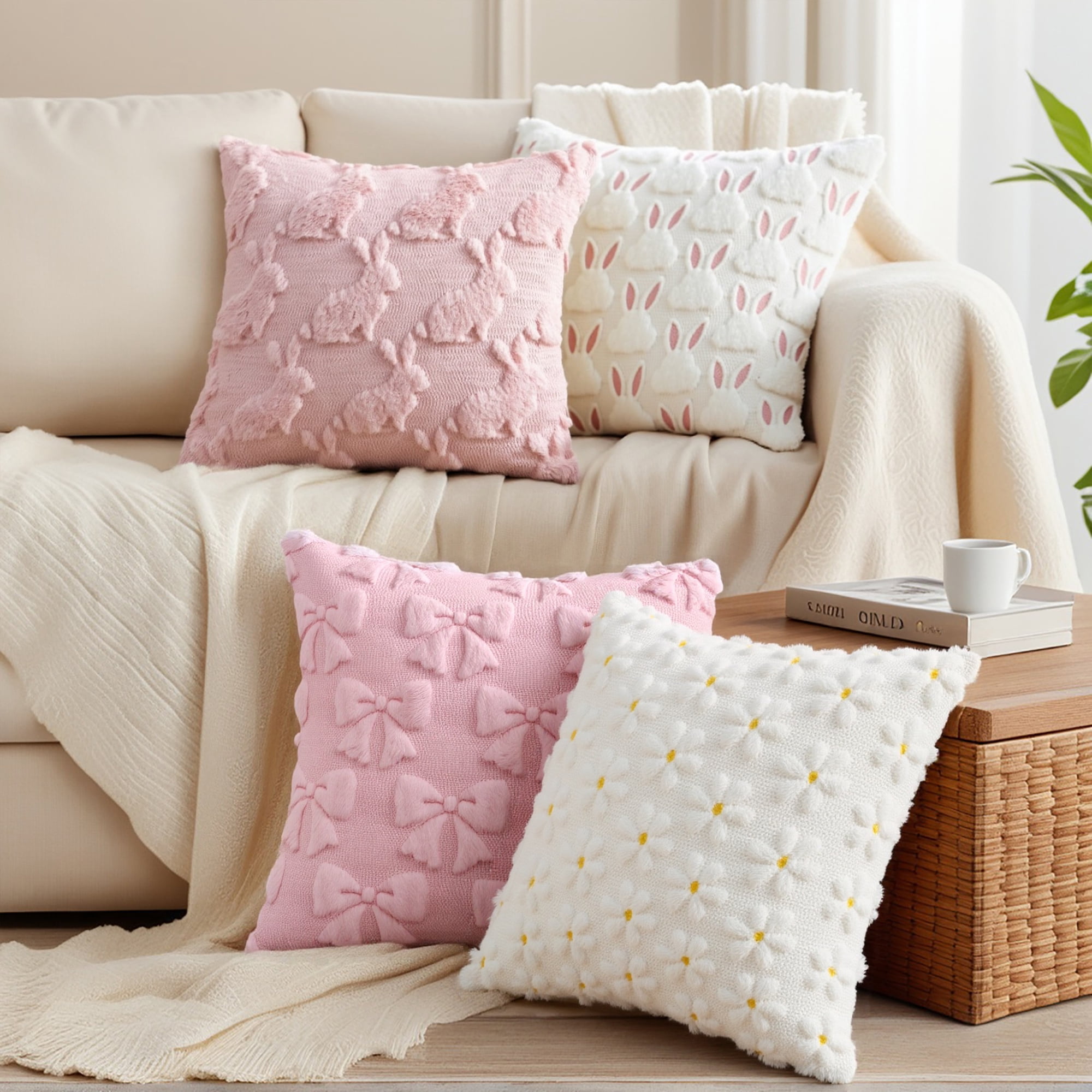 Unique Bargains Throw Pillow Covers Bunny Easter Decorations Pink Pattern 2 18" x 18"