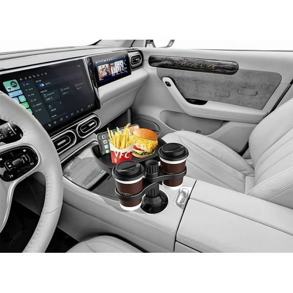 3 in 1 Multifunctional Car Cup Holder Expander with Detachable Tray, Car Cup Holder Tray & Car Food Tray Table for Eating & Car Cup Holder Swivel Tray with Dual Cup Holder Adjustable Base（Black）