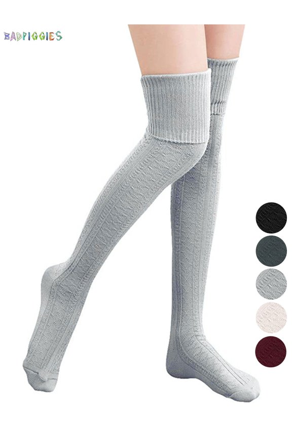 BadPiggies Women's Knit Thigh High Cotton Socks Over the Knee High Boot Stockings Leg Warmers (Gray)