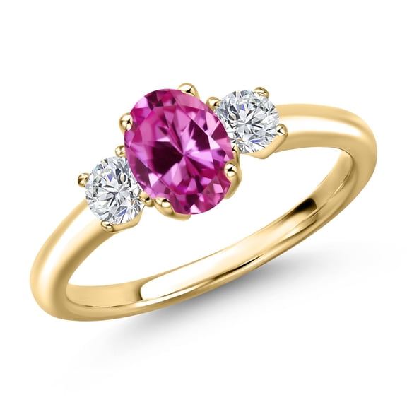 Gem Stone King 10K Yellow Gold Pink Created Sapphire and Lab Grown Diamond Engagement Ring for Women | 1.24 Cttw | Oval 7X5MM | Gemstone September Birthstone | Size 5