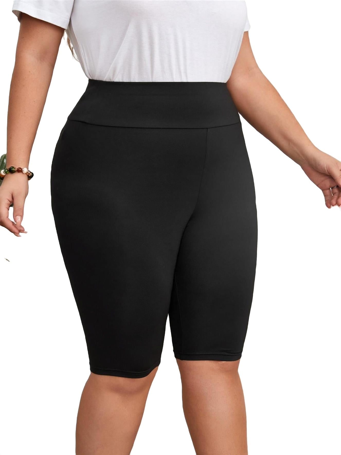 Casual Solid Biker Shorts Black Plus Size Leggings (Women's)