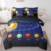Manfei Mystic Outer Space Twin Bedding Sets 7-Piece for Kid, Planet Lines Stripes Bedding Comforter Set, Stars Starry Sky Reversible Sheet Sets, Lightweight Room Decor