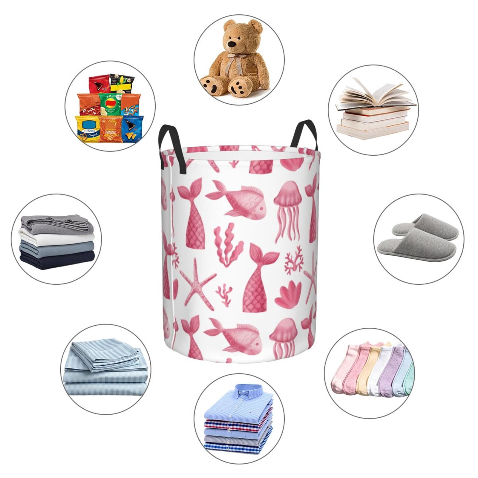 Large Laundry Basket with Handles - Pink Fish Jellyfish Kids Baby Dirty Clothes Laundry Hamper for Bedroom Aesthetic