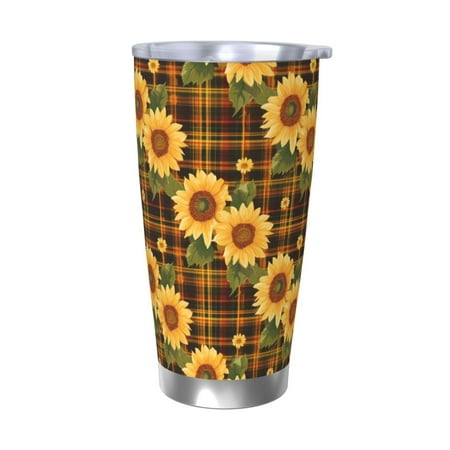 

Logiee Yellow Black Plaid Sunflower Print 20OZ Car Cup with Lid Stainless Steel Vacuum Insulated Double Wall Travel Tumbler Durable Insulated Coffee Mug Thermal Cup with Straw-Without Straw