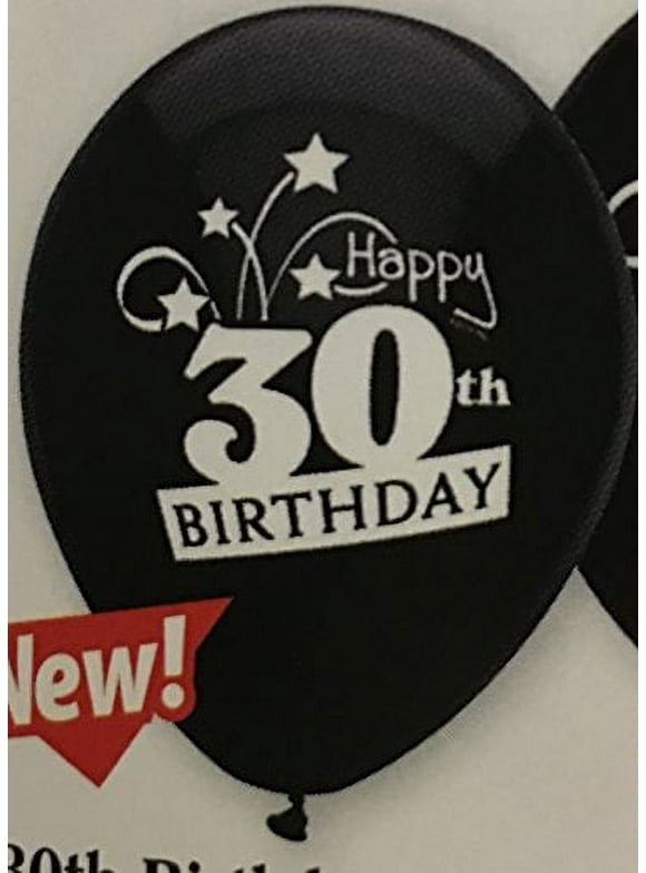 PartyMate - 12 Happy 30th Birthday Shooting Stars Latex Balloons - Black (8ct)