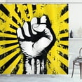 thumbnail image 1 of Urban Graffiti Shower Curtain, Clenched Fist Held High on Radial Beam Revolutionary Figure, Fabric Bathroom Set with Hooks, 69W X 70L Inches, Black Yellow and White, by Ambesonne, 1 of 3