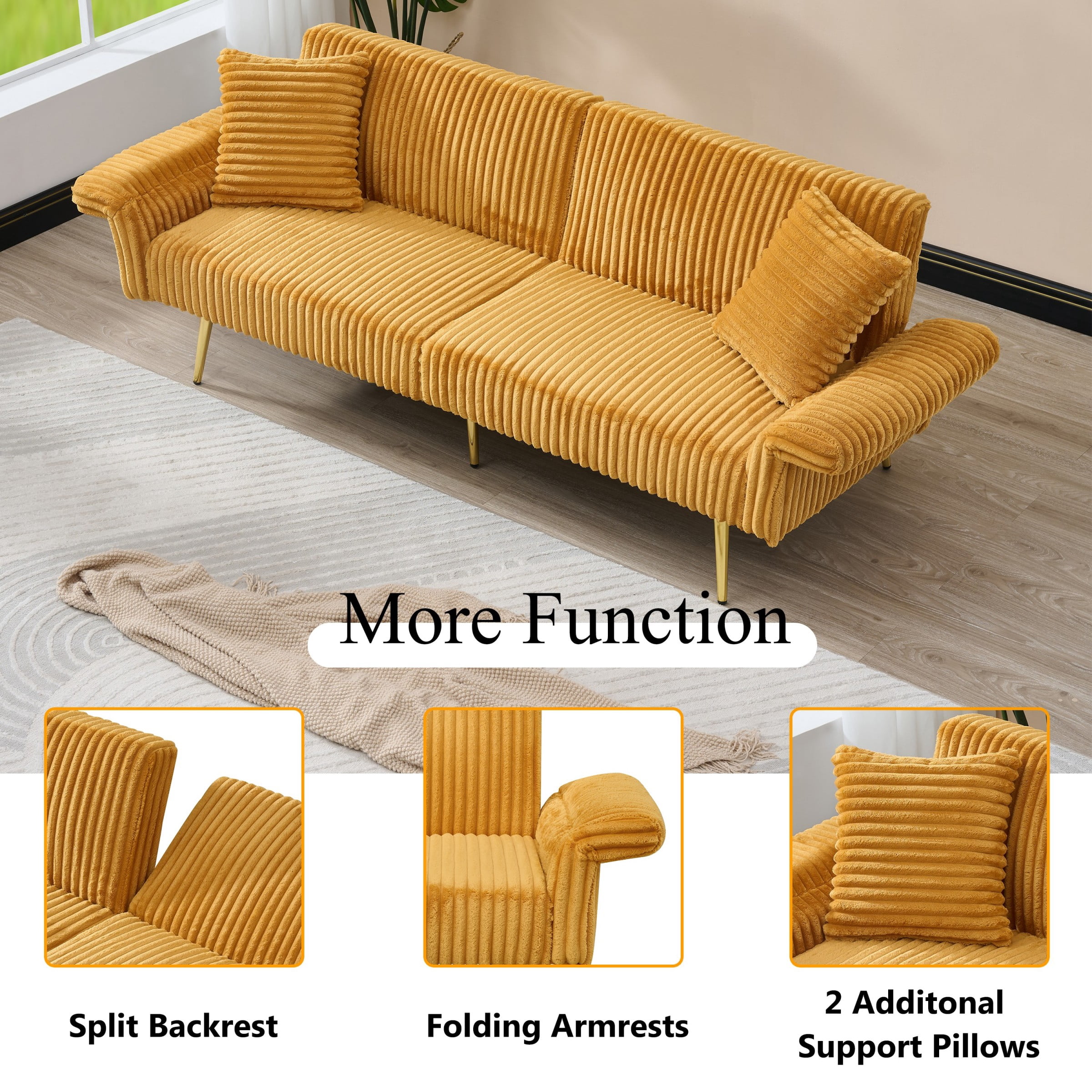 Jopath 79 inch Modern Convertible Sofa Bed,Corduroy Upholstered Futon Couch with Adjustable Armrests for Small Spaces,Living Room,Yellow02