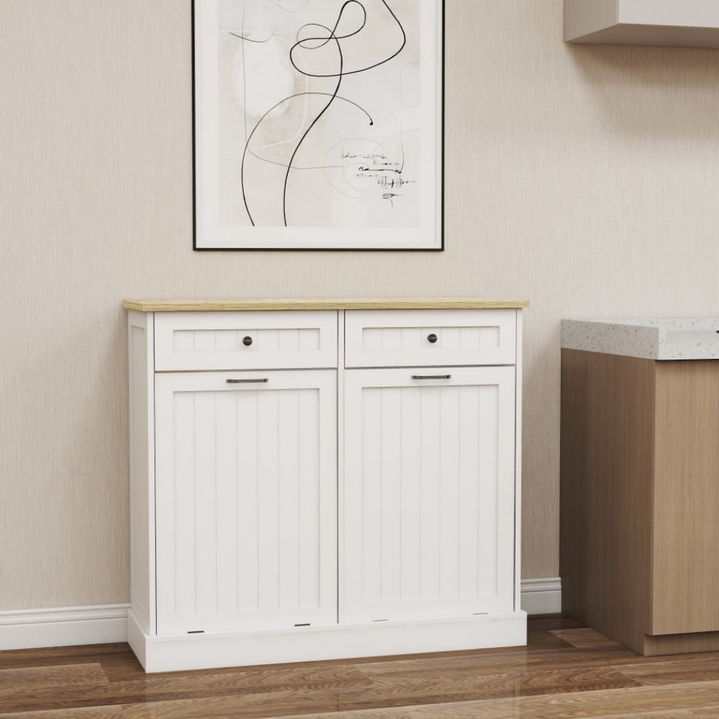 Trash Cabinet with 2 Tilt-Out Compartments and 2 Drawers, Kitchen Trash Can Cabinet with Storage, White Freestanding Garbage Cabinet