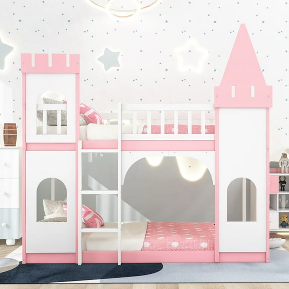 Triple Tree Pinewood Twin over Twin Castle Bunk Bed with Guardrail and Ladder and Window, Pink
