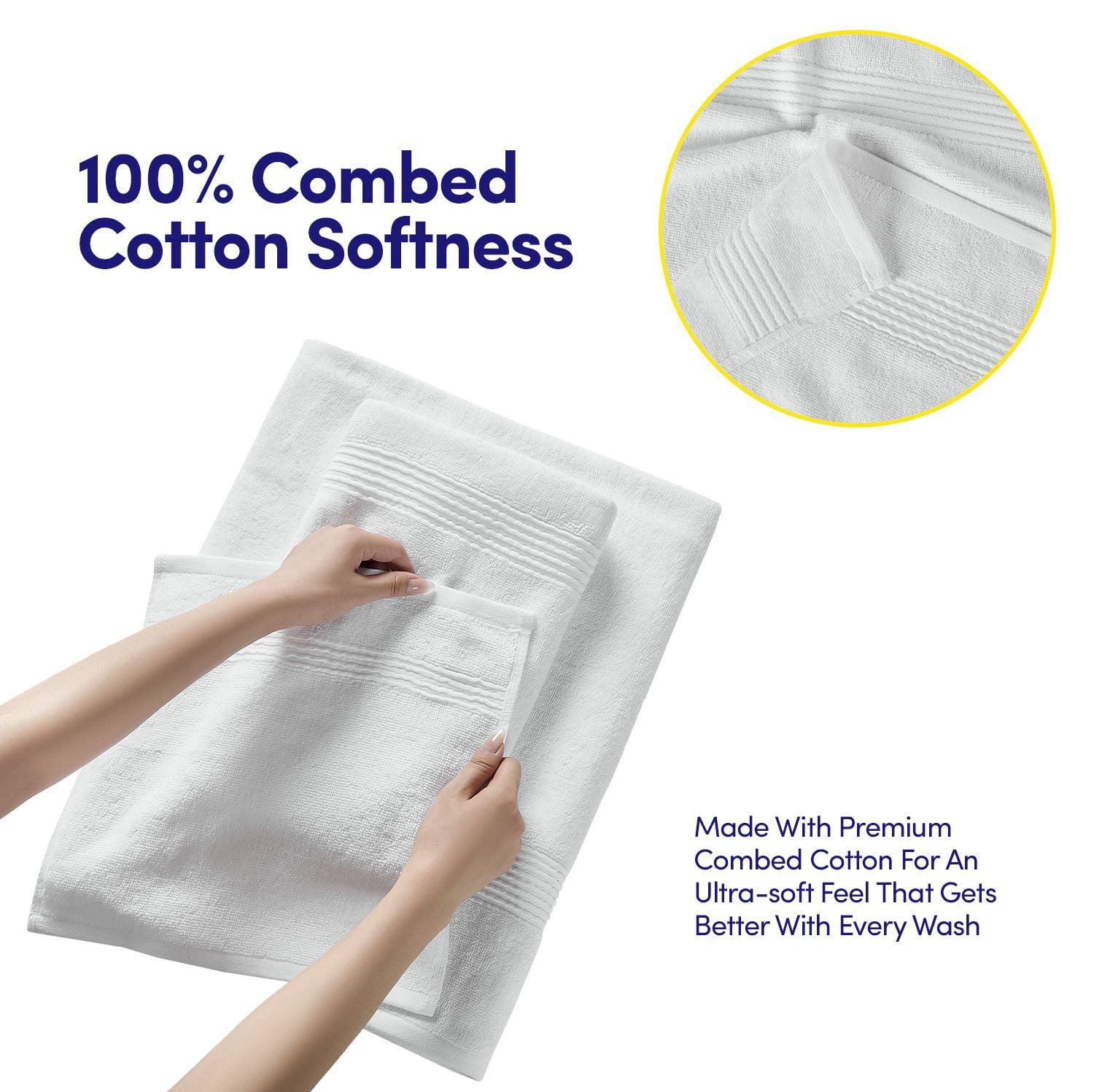 8pc 100% Combed Cotton Towel Set (2 Bath, 2 Hand, 4 Wash) - White