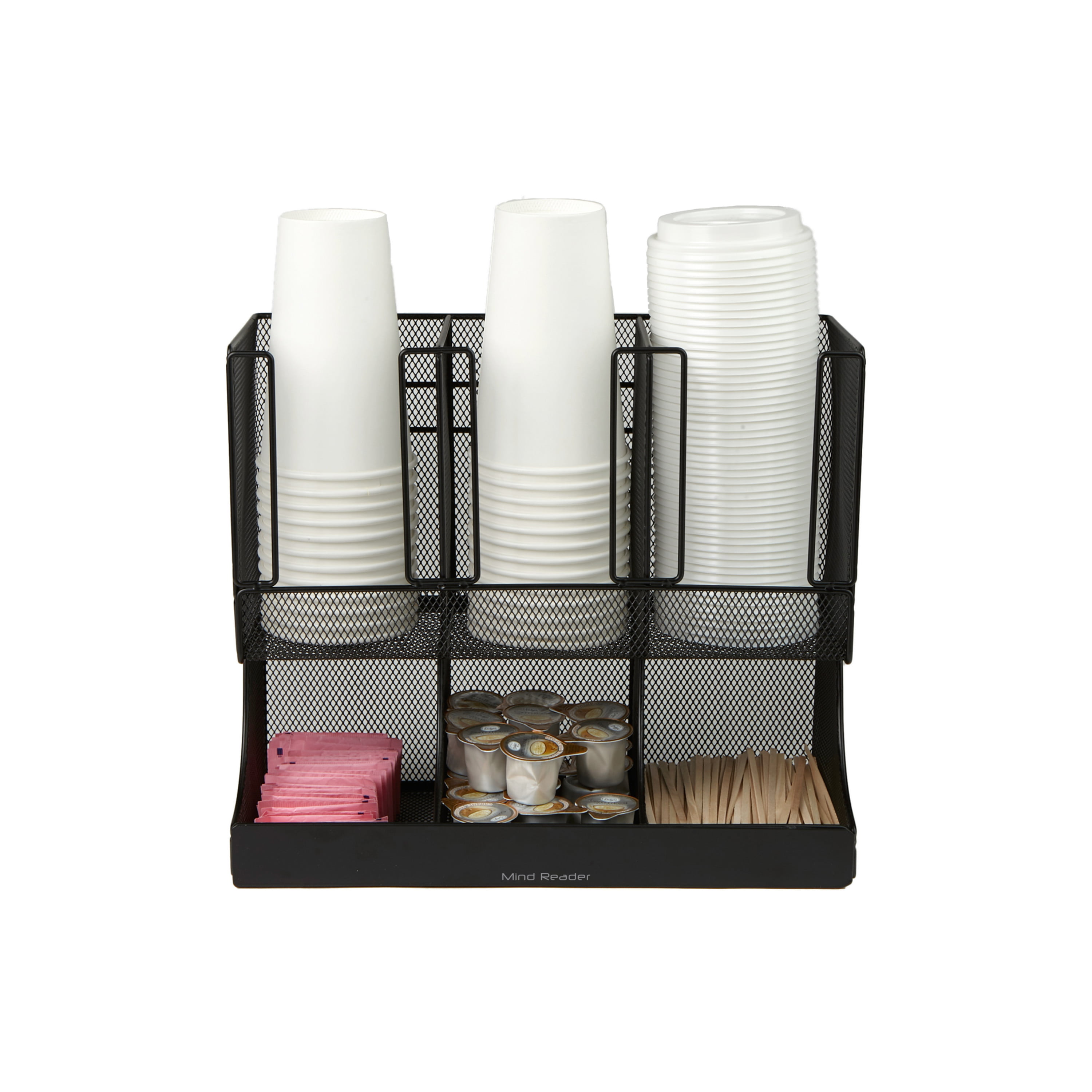 Mind Reader Flume 6 Compartment Upright Coffee Condiment and Cups Organizer Black