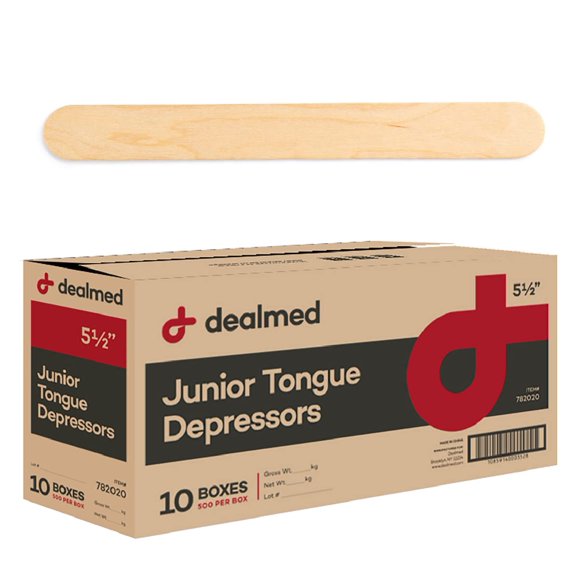 Dealmed Dépresseurs de Langue Junior 5.5” – 5,000 Bâtons de Dépresseur de Langue en Bois Non Stériles pour Artisanat, Pratique Médicale, Kits de Premiers Secours d'Urgence, 500/boîte (Lot de 10)