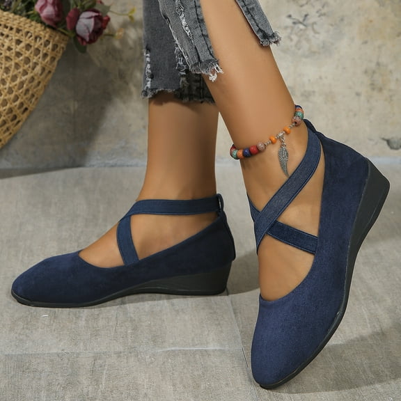 XDDLITP Women's Slip-On Ballet Flats with Ankle Straps Comfortable Dress Shoes for Office Work & Casual Outfits Round Toe Ballerina Style Flats,Dark Blue 37(US-6.5)