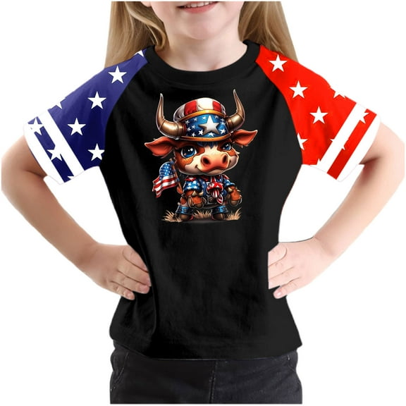 Ugoldhm Fourth of July Boys Short Sleeve T-Shirts Crew Neck Fashion Tees Summer Color Block Tops Kids Clothes Size 3-14