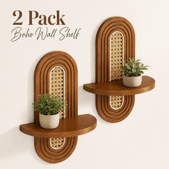 MORAVE Set of 2 Boho Mid Century Floating Wall Shelves, Natural Wood Rattan Small Decorative Plant Shelf for Living Room Bedroom House Office Wall Decor