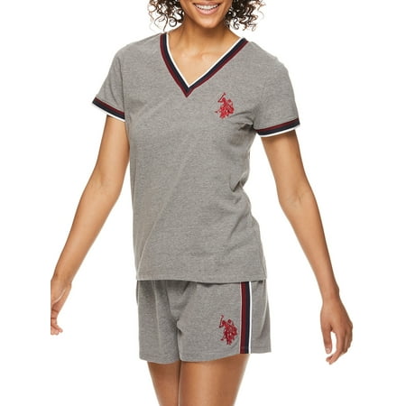 U.S. Polo Assn. Women's 2pc Short Sleeve V-Neck Top and Shorts Lounge Pajama Sleep Set with Embrodiery