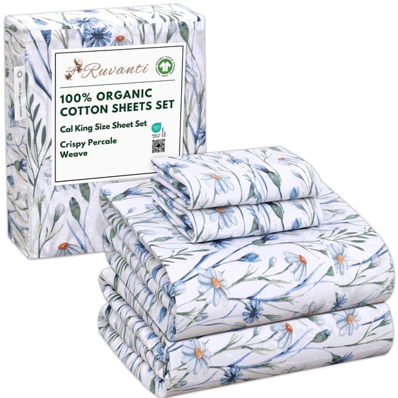 RUVANTI 100% Organic Cotton Sheets - California king Sheet Sets - 4 Piece Percale Weave Bedding, Crisp, Cooling & Breathable, Soft & Durable, 16" Deep Pocket, Hotel Quality Sábanas - Daisy Bud