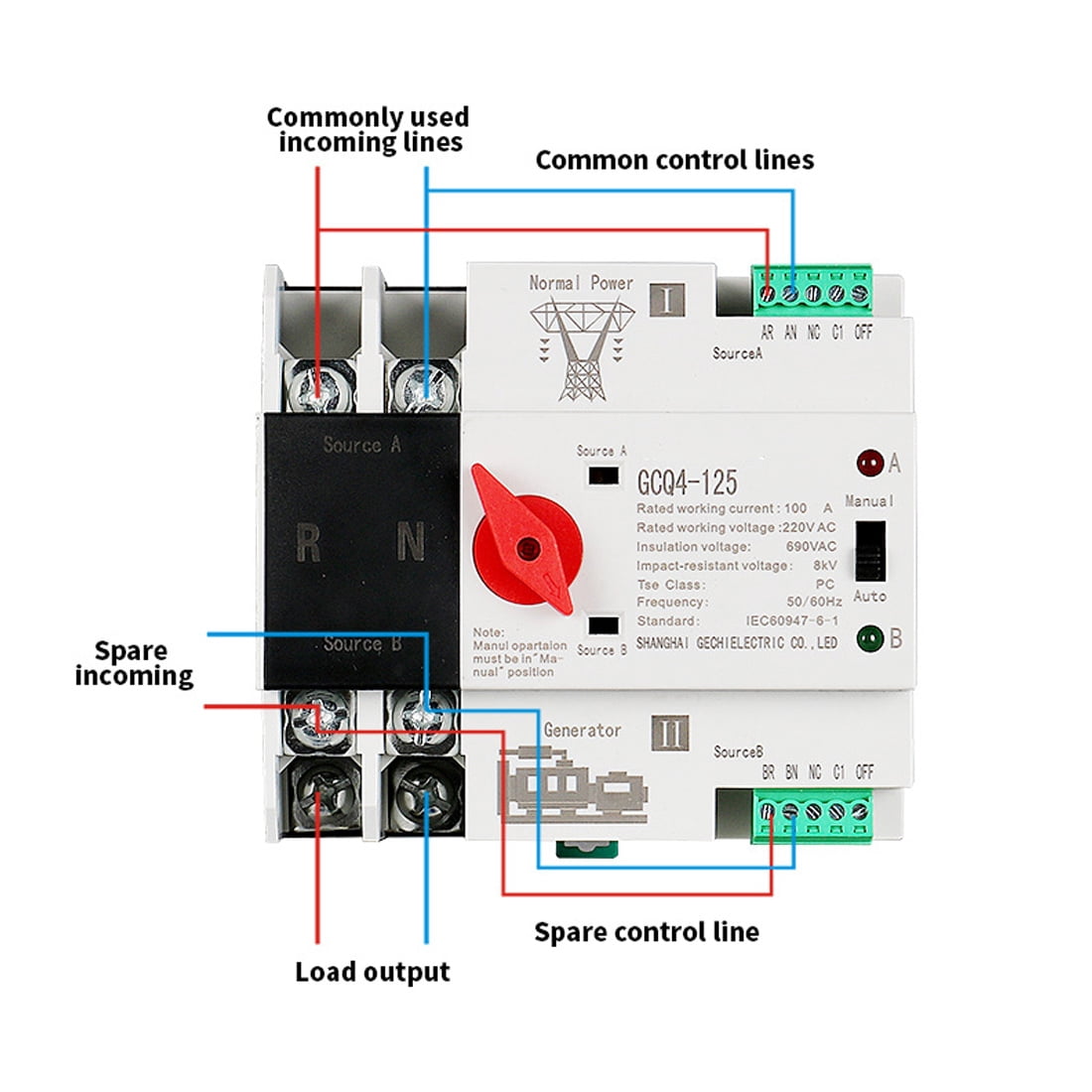 Single Phase Din Rail ATS 220V PC Dual Power Automatic Transfer Switch 2P 100A Household Power Transfer Switch 50/60Hz
