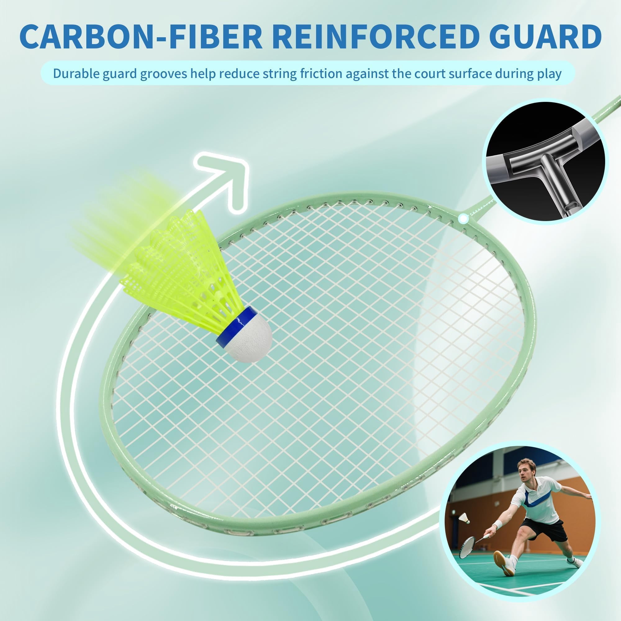 Professional Badminton Rackets Set Of 4 - Carbon Fiber  6 Shuttlecocks 4 Grips & Bag For Backyard Games | 90g Lightweight