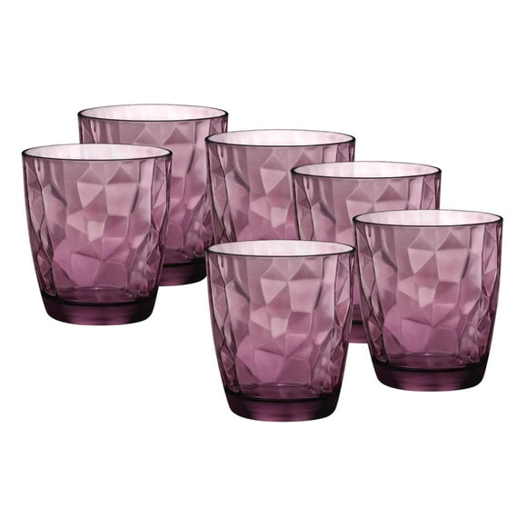 Juego 6 Vasos Vidrio Italiano Old Fashioned, Colección Diamond Bormioli, Vasos para Agua, Cocteles, Licores o Bebidas en las Rocas, Capacidad 385 Ml, Color Violeta