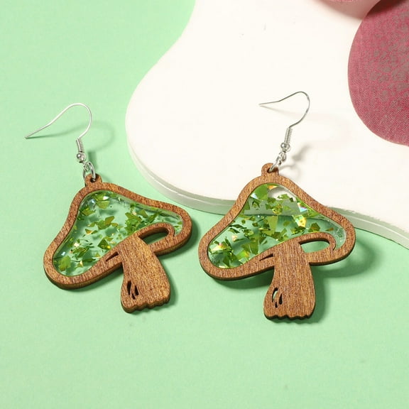 Acrylic Mushroom Hook Earrings Wood Cut Design Green Clear Lightweight Dangle Jewelry for Women Nature Style Accessory
