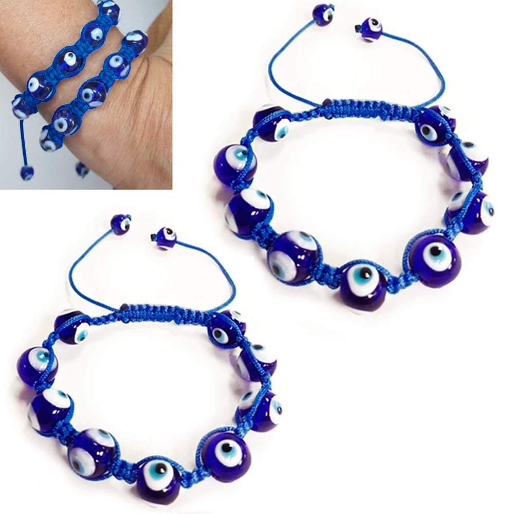 Blue evil eye with black a silver beads And black cord adjustable bracelet