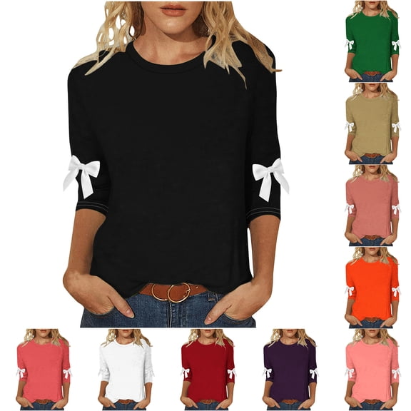 Otntypg Fall Womens 3/4 Sleeve Tops Dressy Casual Bowknot Patchwork Long Sleeve Crewneck Basic Solid Color Tunic Blouse Loose Oversized Comfy T-Shirts Army Green M