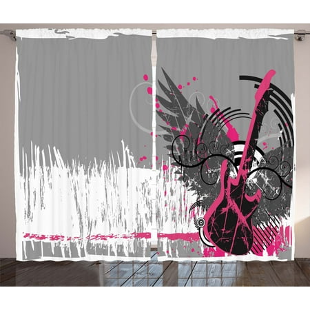 Music Curtains 2 Panels Set Guitar And Wings In Sketchy Grunge