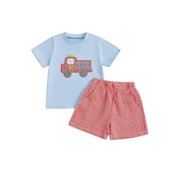 BemeyourBBs Boy Outfits Fire Truck Embroidery Short Sleeve T-Shirts Plaid Shorts