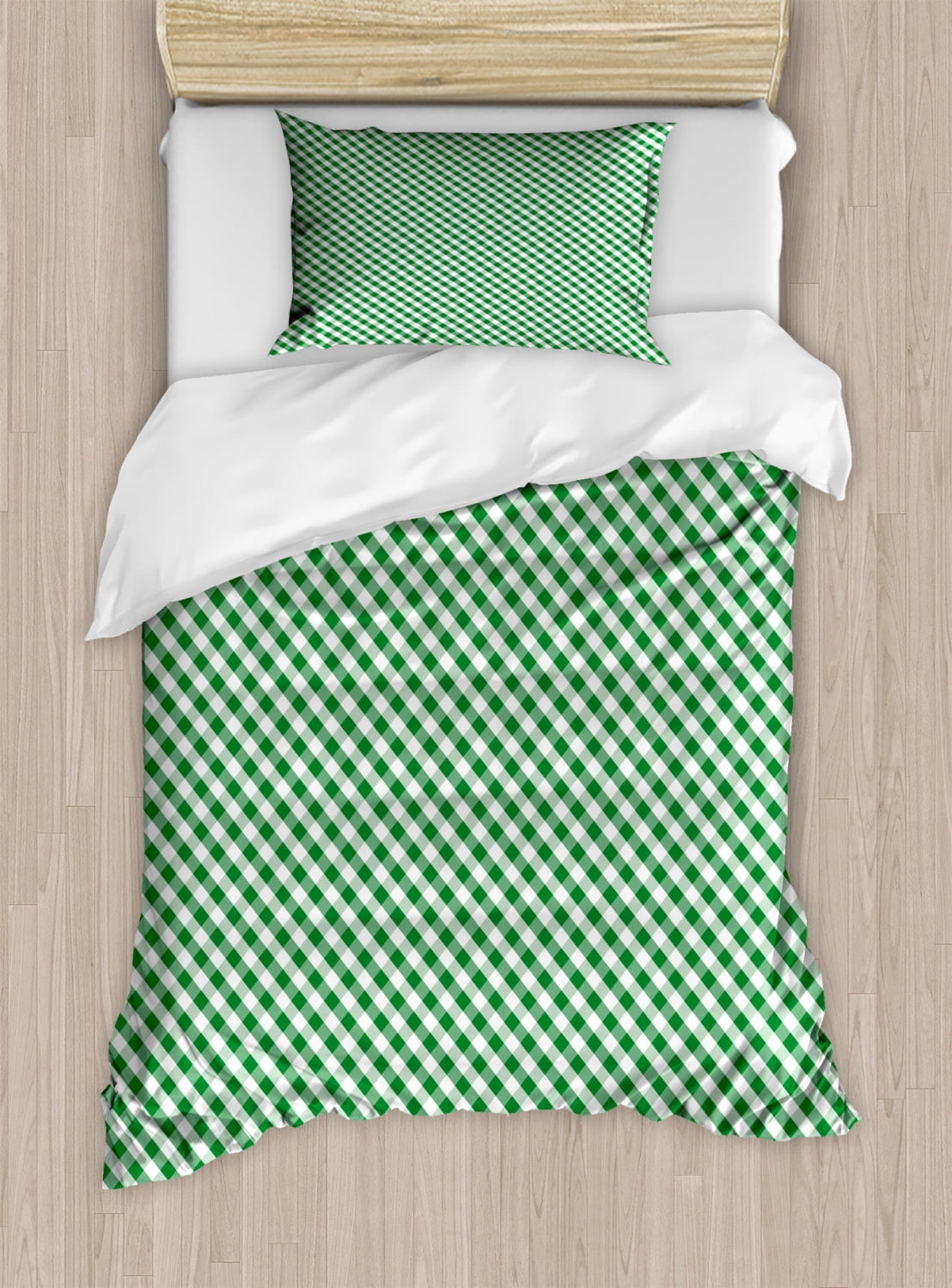 Abstract Green Duvet Cover Set, Gingham Pattern Crossing Lines and