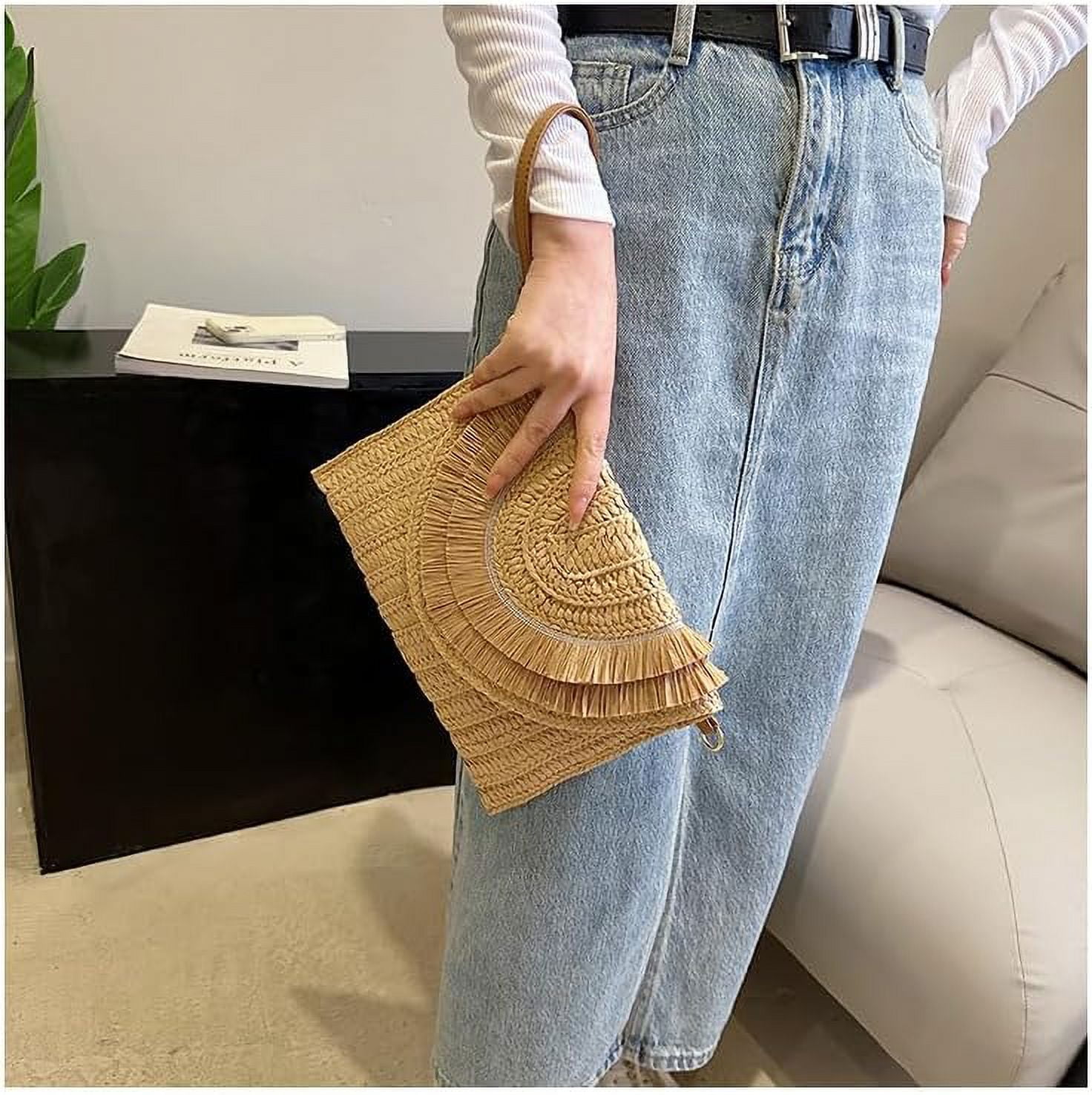 Crossbody Bags for Women, Straw Clutch Purses, Bohemian Handmade Woven Envelope Package, Tassel Handbags for Women