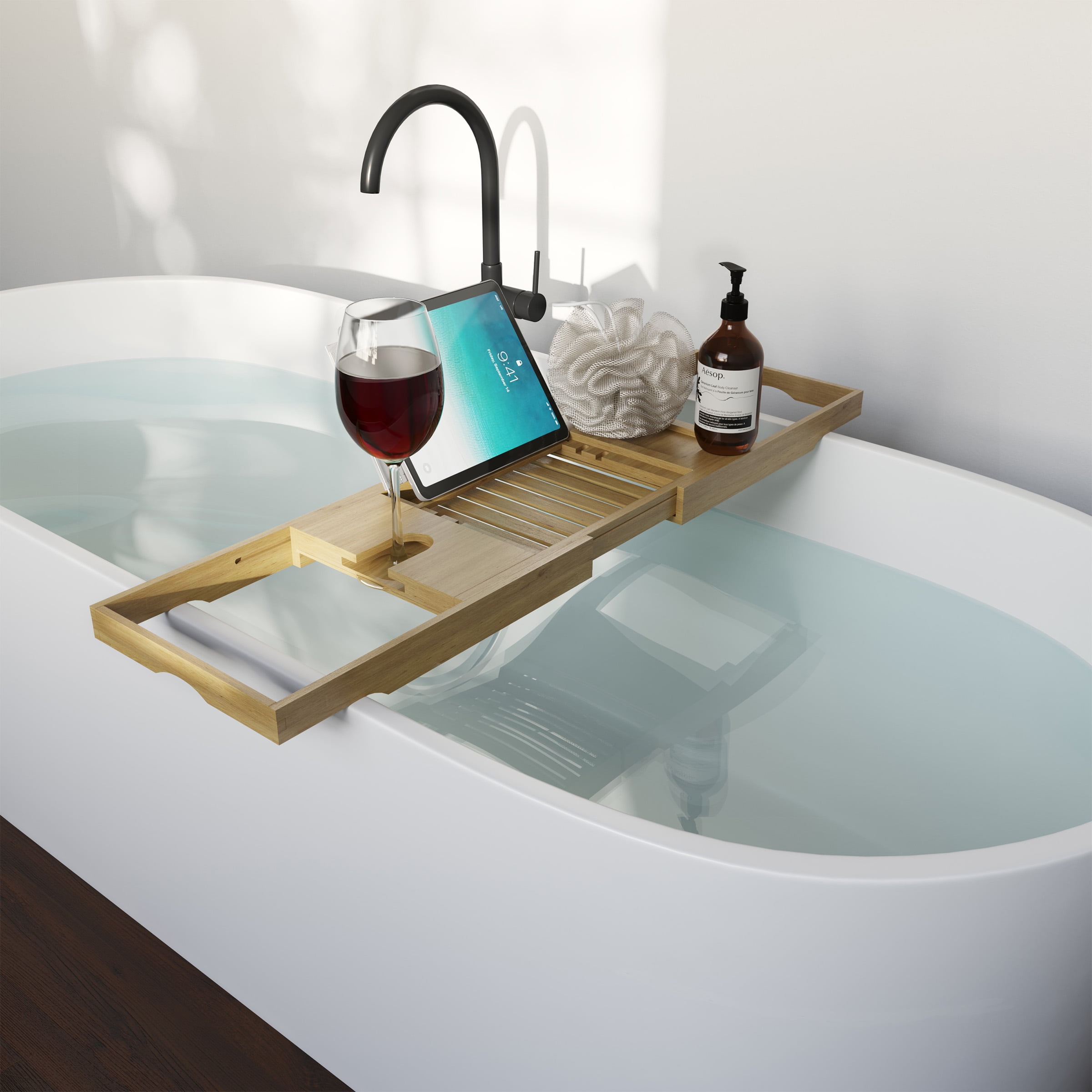 Home-Complete Acacia Bathtub Tray with Extended Sides and Wine Glass Holder