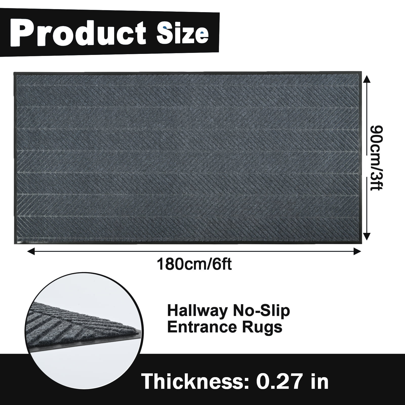 OVYEOFR 3ft x 6ft Commercial Front Door Mat, Non Slip Entrance Doormat Indoor Outdoor, Commercial Mat for Home Office Hotel, Grey